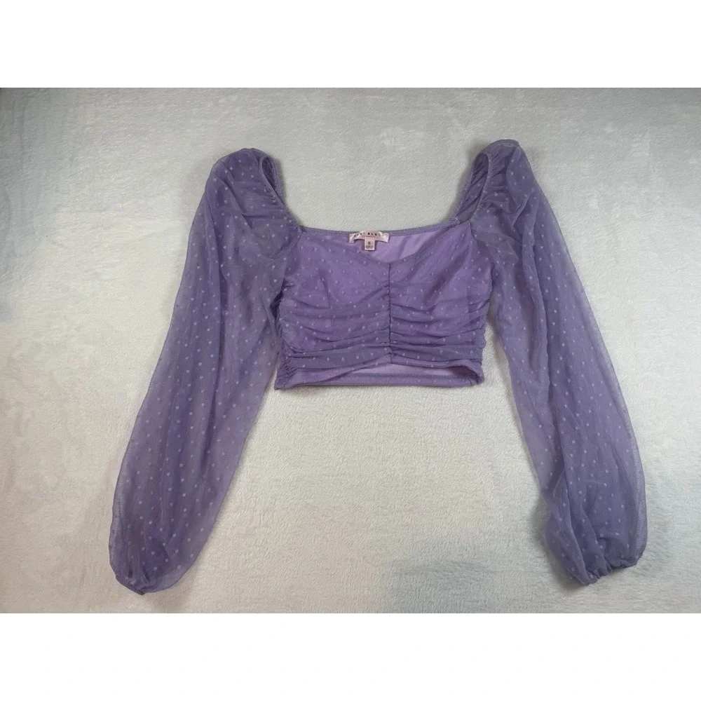 Lavender Mesh Crop Top Puff Long Sleeves Polka Dot Women's Fairycore Coquette Sm